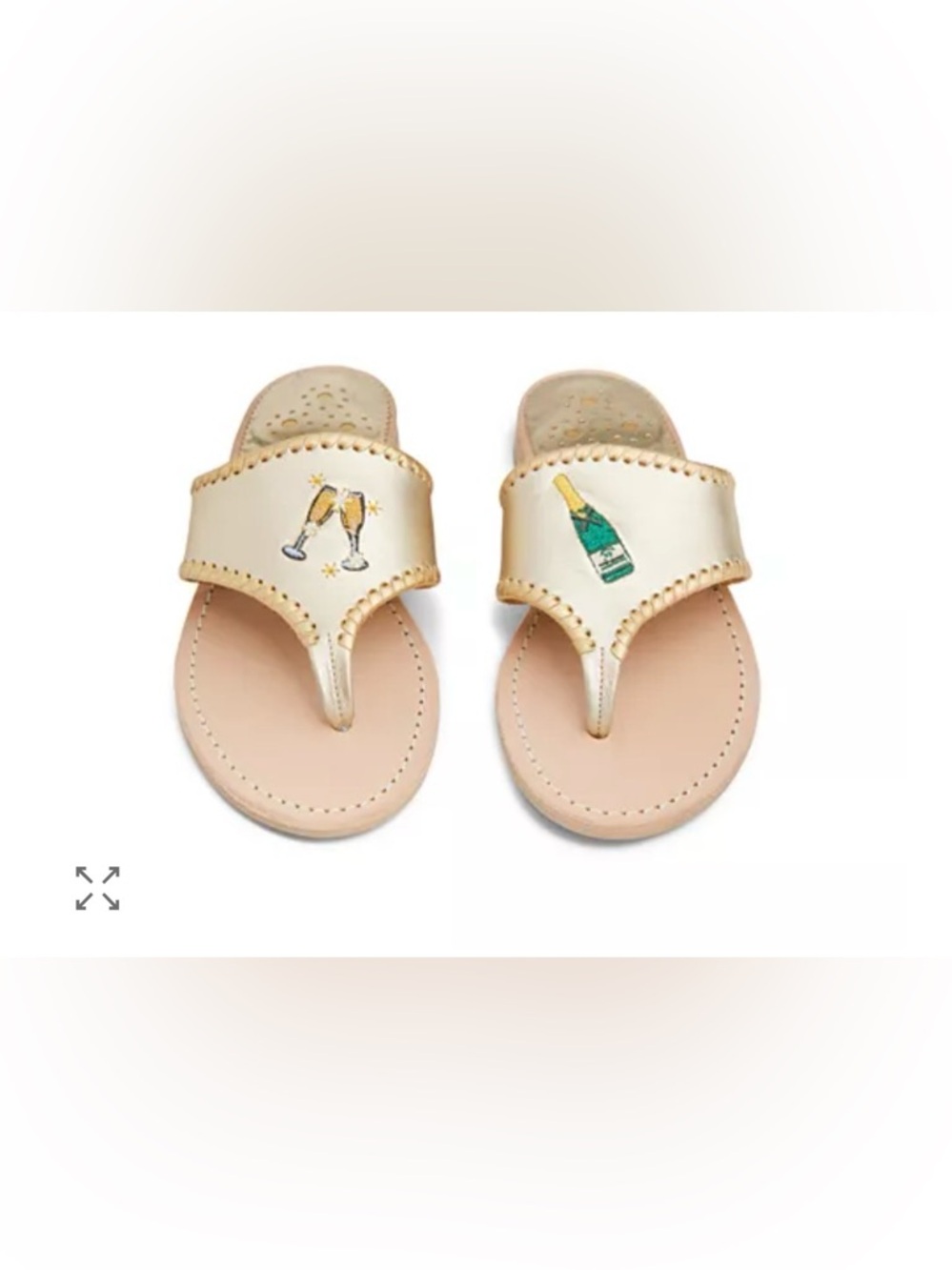 Jack Rogers Gold Leather Sandals with Champagne & Glass Embroidery